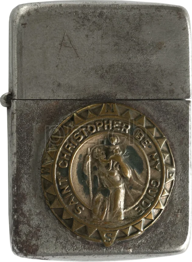 St. Christopher Medal, Ansicht 1 St. Christopher Medal, Modell three barrel hinge, round bottom, Jahr 1943 - 45, Ansicht 1